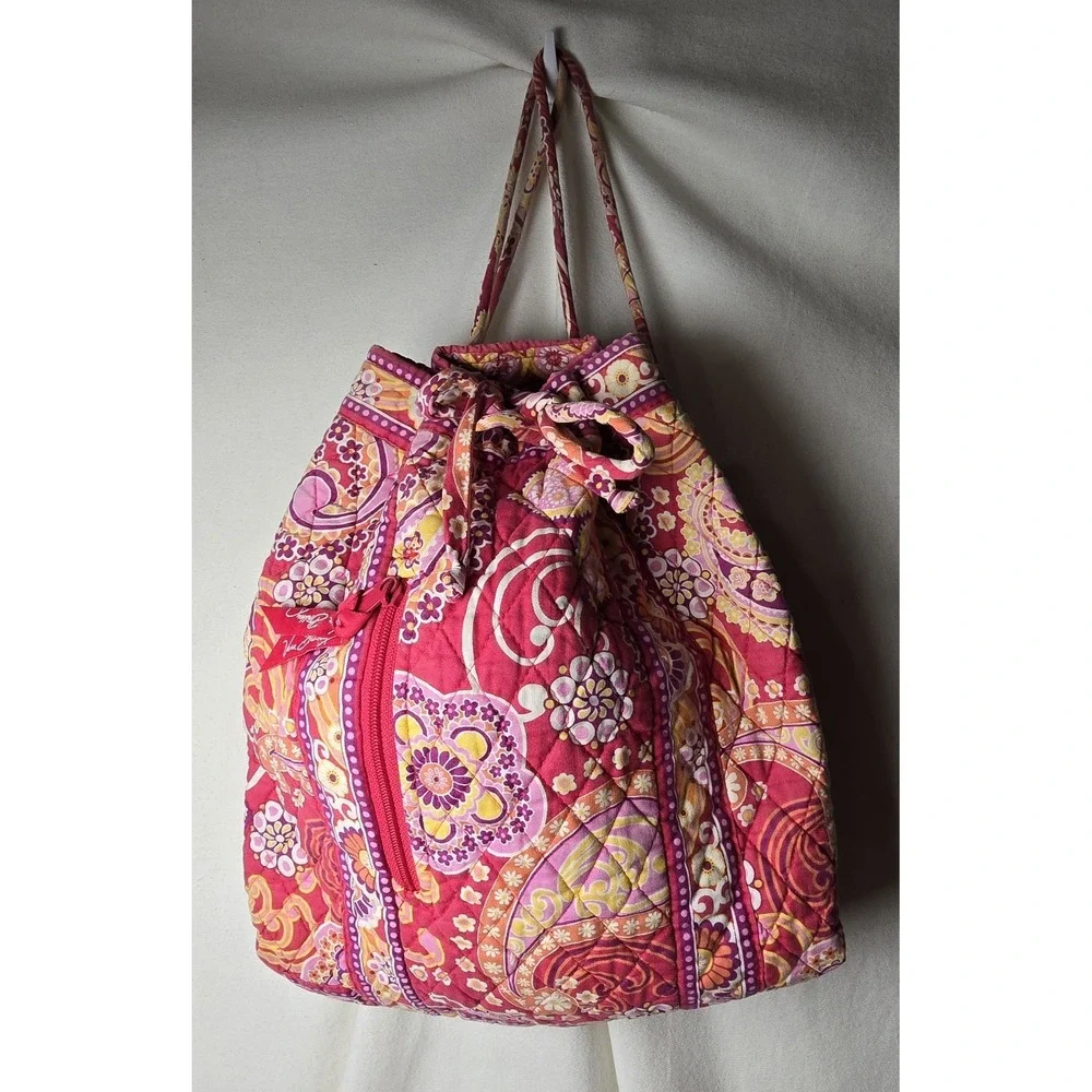 Vera Bradley Raspberry Fizz Drawstring Backpack Cinch Tote Pink Red Paisley 2008